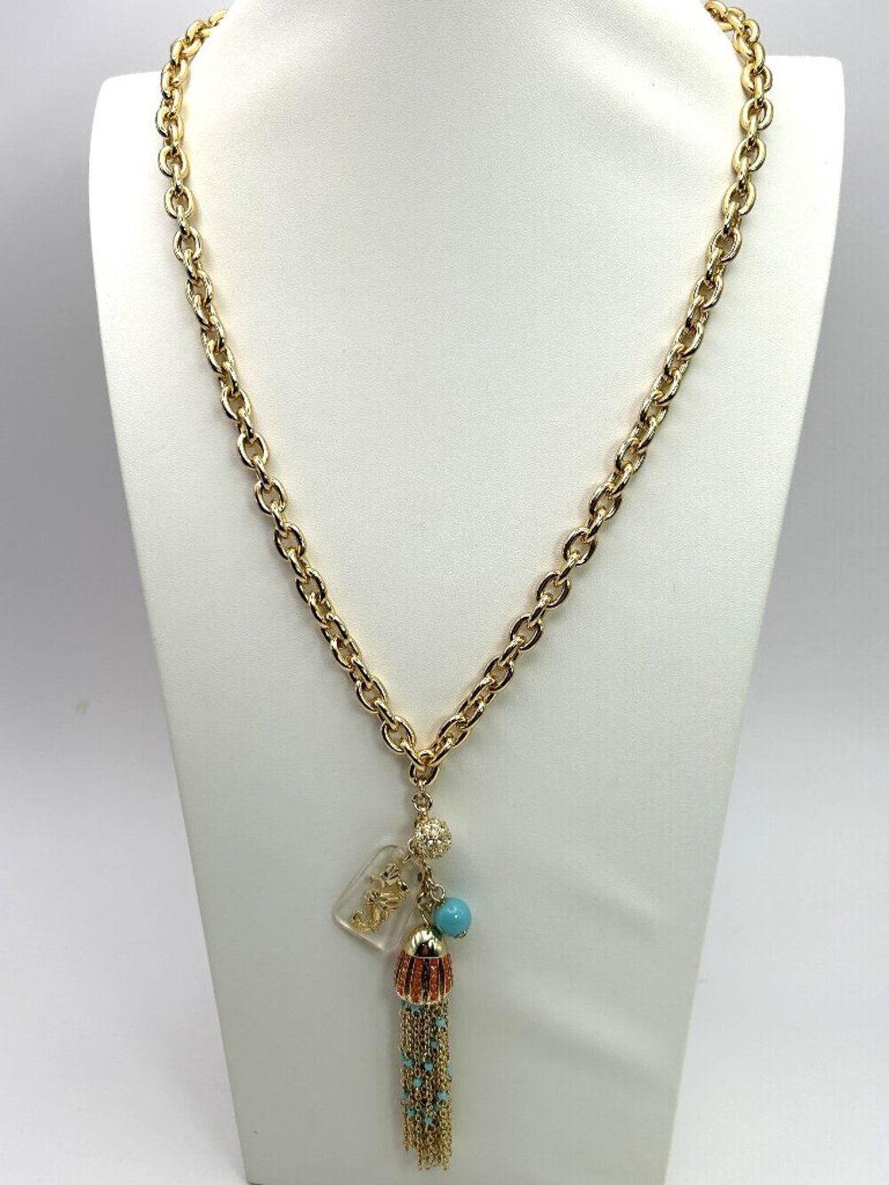 Lilly Pulitzer Seahorse Charm Necklace Long Tassel Fringe Turquoise Color Beads